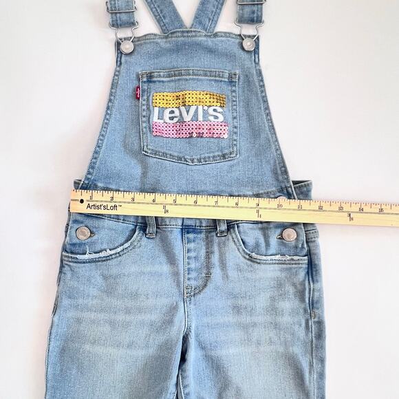LEVIS BIG GIRLS GIRLFRIEND SEQUIN LIGHT WASH BLUE DISTRESSED OVERALLS SIZE 7 R - Picture 6 of 11